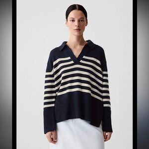 GAP 24/7 Split Hem Polo Sweater Nautical Striped Navy Medium